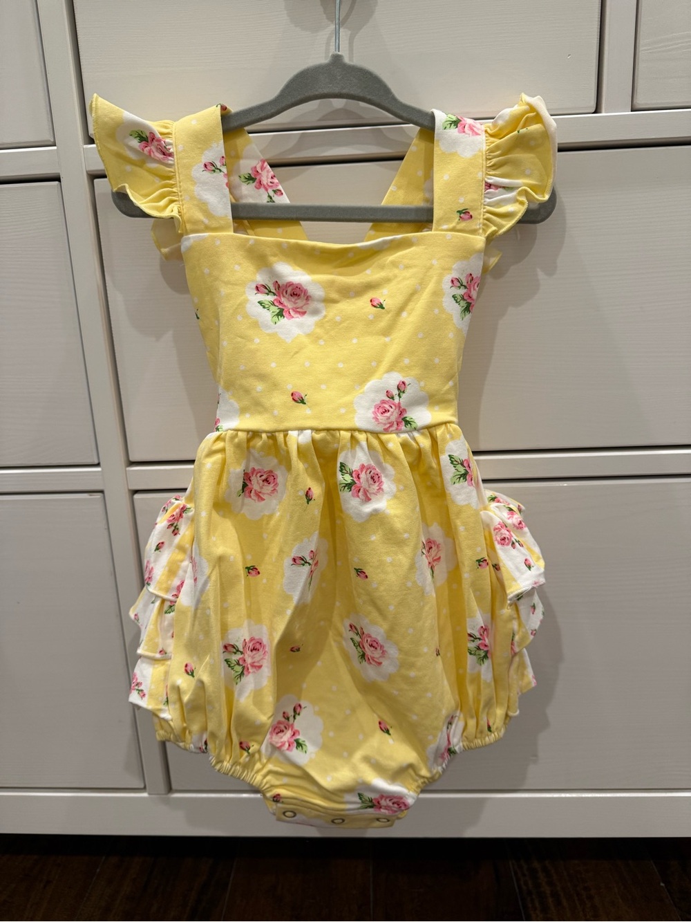 Yellow Floral Baby Romper with Ruffled Shoulders